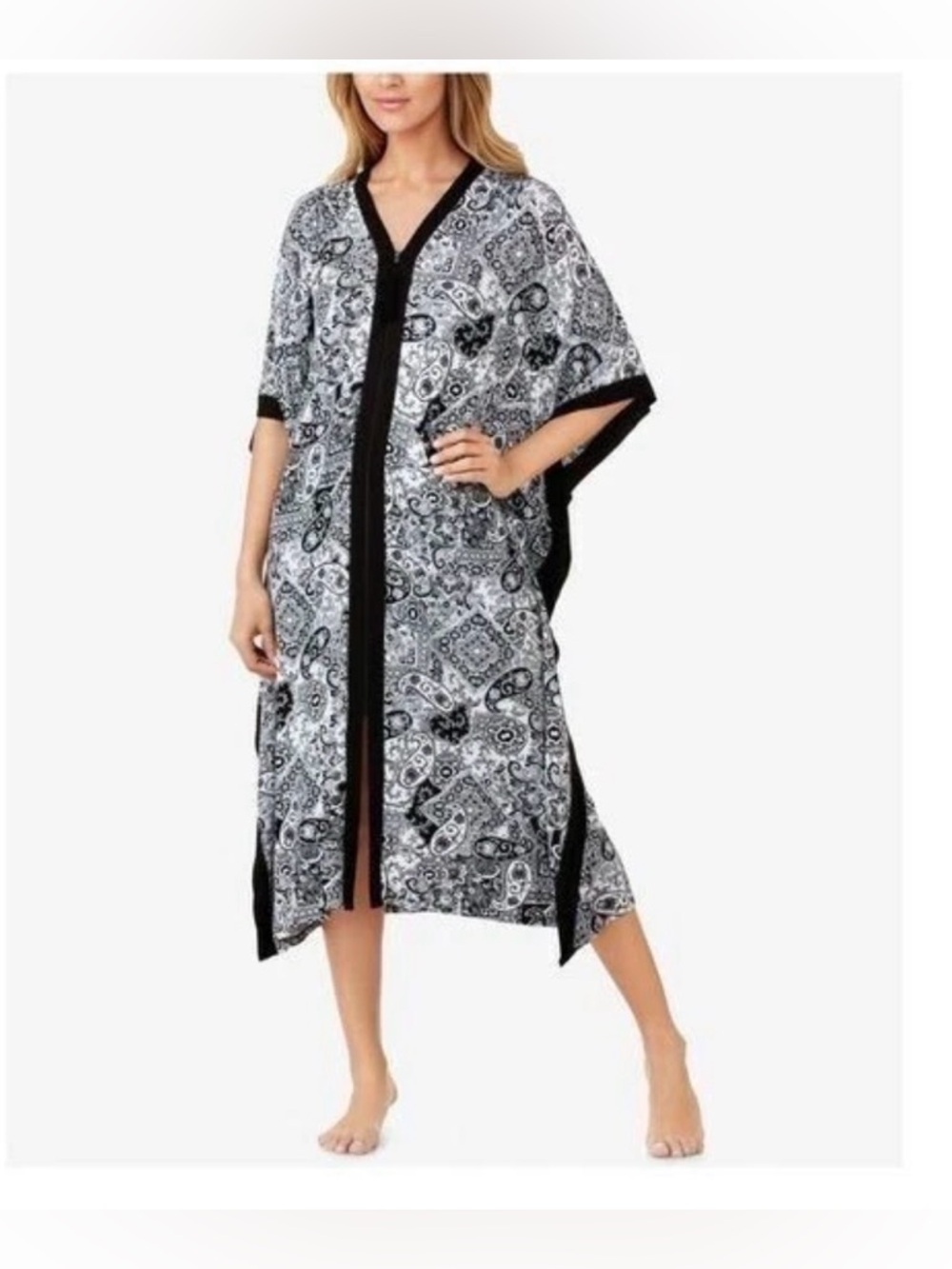 Ellen Tracy L/XL Caftan Butterfly Sleeve Womens Full Zip-Front Tassel Pull Black